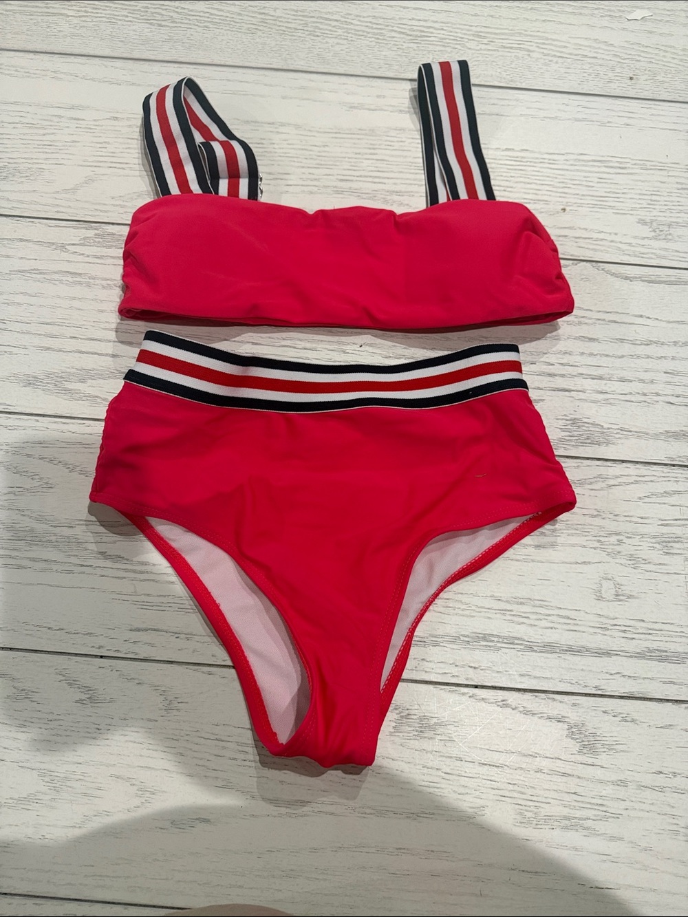 SHEIN Red Two-Piece High-Waist Bikini with Striped Straps